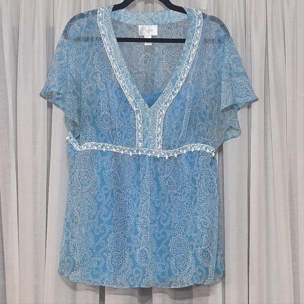 Ann Taylor LOFT Blue Paisley Peasant Blouse With Beaded Trim